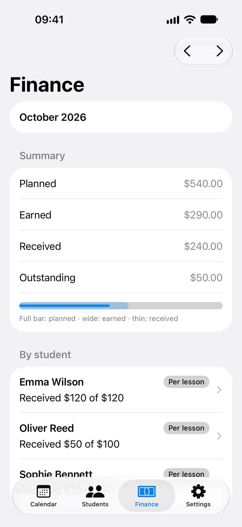 TutNote in English: The Finance view showing $540 planned, $290 earned, $240 received, and $50 outstanding for fictional tutoring records